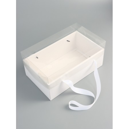 Gift box with a bow, handles and a transparent lid 35 x 21 x 15 cm white-3