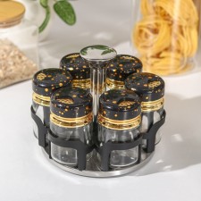 Glass spices on a stand on the magistro “black marble” stand, 6 pcs, black color