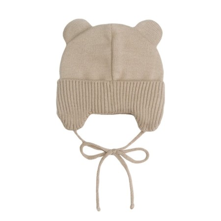 A cap on ties with ears children's Amarobaby Pure Love Bear, with a lining, size 40-42 cm, sand-1