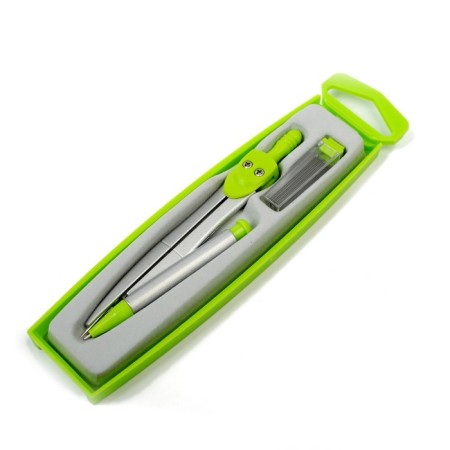 Metal compass in a plastic pencil case, with spare sections