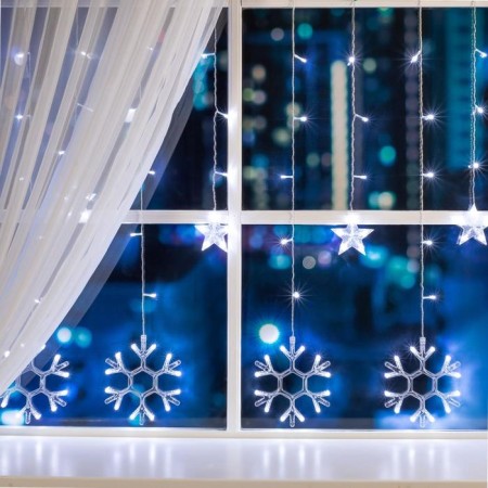 Garland “fringe” 2.4 × 0.9 m with nozzles “snowflakes”, ip20, transparent thread, 150 LED, white glow, 8 modes, 220 V