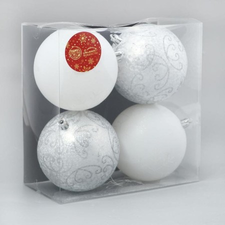Set of balls plastic D-10 cm, 4 pcs "Frosty patterns" silver white-1