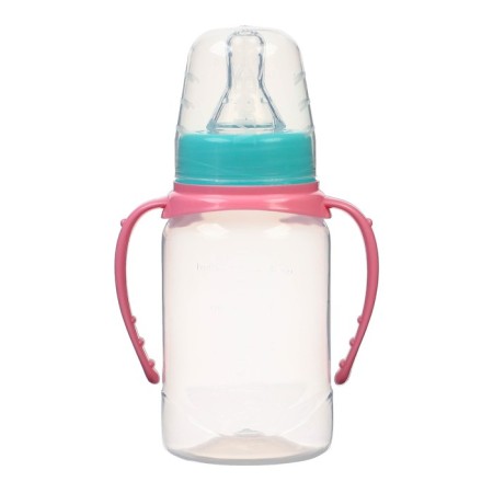 A bottle for feeding, classic throat, 150 ml., 0 months, cylinder, handles, turquoise/pink color-1