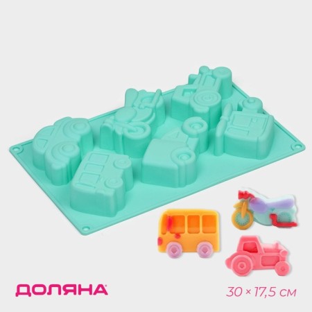 Silicone form for baking shares "transport", 30 × 17.5 cm, 6 cells (9 × 5.5 × 3.5 cm), blue color