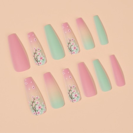 Sakura's overhead nails, 12 pcs, with glue plates, ballerina shape, pink/green color-2