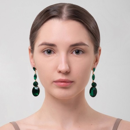 Hanging earrings with “Party” rhinestones path of drops, emerald color in gold, 7 cm-2