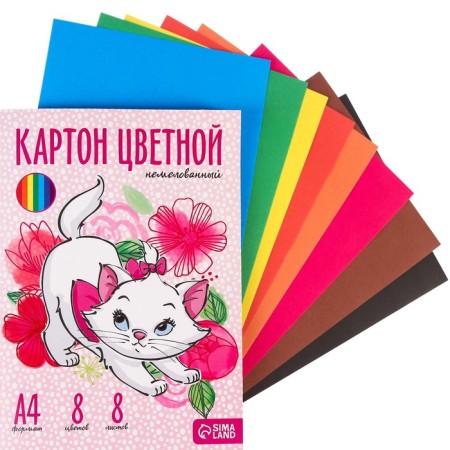 Cardboard color, A4, 8 sheets, 8 colors, non -unilateral, in a folder, 220 g/m², cats aristocrats-3