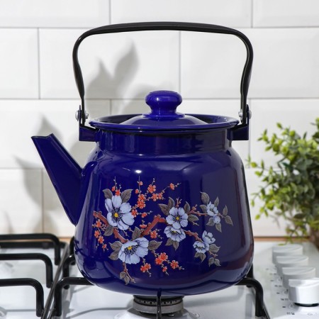 Enamged "flowering" kettle, 3.5 l, enameled cover, blue color-4