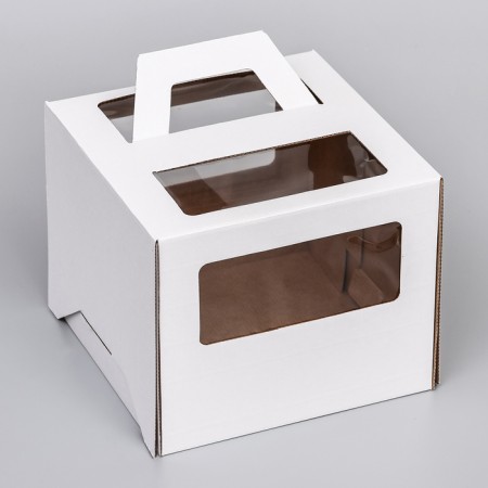 Box for cake 2 windows, with handles, white, + substrate 2.5 gold-white, 24 x 24 x 20 cm-4