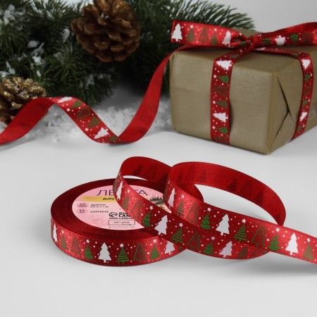 Satin ribbon "Christmas trees", 15 mm, 23 ± 1 m, color red No. 33