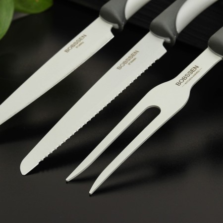 Faded knife set, 3 objects: knives, meat fork, gray color-1