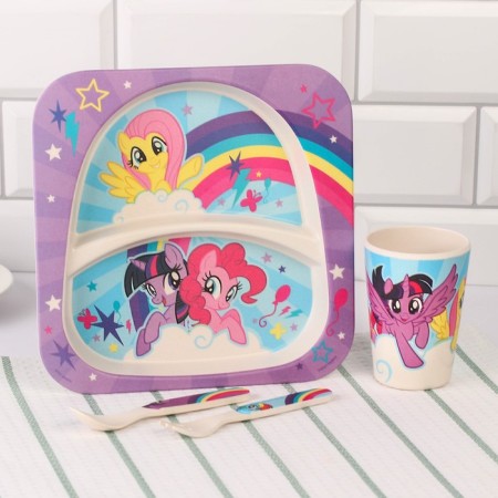 A set of children's bamboo dishes, 4 items: plate, fork, spoon, glass, My Little Pony-2
