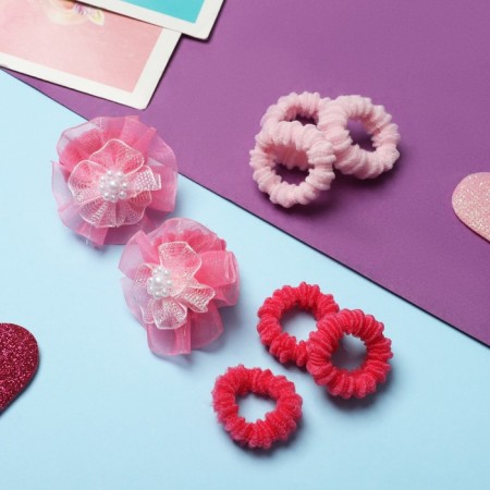 Hair elastic band "Lace" (set 8 pcs) voluminous flower mix, pink