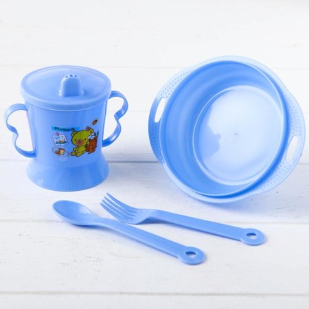 A set of children's dishes, 4 items: bowl, spoon, fork, chip with solid nose 200 ml, MIX color-2