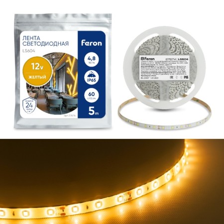 Feron 5 m, IP65, SMD2835, 60 LED/m, 4.8 W/m, 12 V, glow yellow
