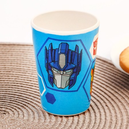 A set of children's bamboo dishes, 4 objects: plate, fork, spoon, glass, transformers-5