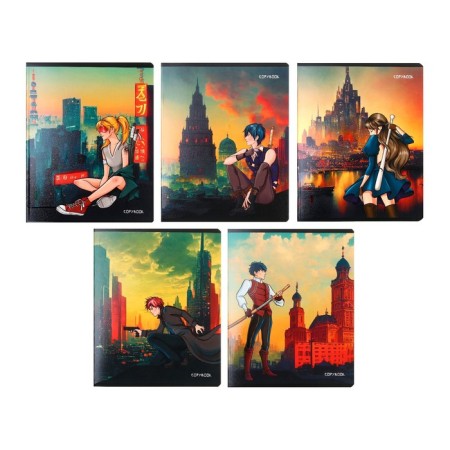 Notebook 48 sheets, in a cage, "anime and megalopolis", cover shaking cardboard, twin-lak, UV-lak, 5 designs, mix