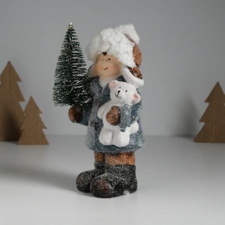Souvenir Ceramics Light "Baby in a gray coat, with a Christmas tree and a bear" 10.5x8.5x19 cm-2