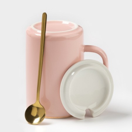 Ceramic mug with a lid and a spoon "Anabel", 350 ml, Mix drawing-2