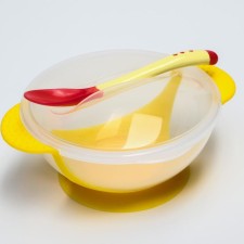 Set for feeding, 3 items: 350 ml bowl on suction cup, cover, thermal engine, yellow color