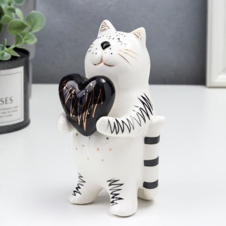 Souvenir Ceramics "Cat with a heart" white-black with gold 15x8.2x7.8 cm-1