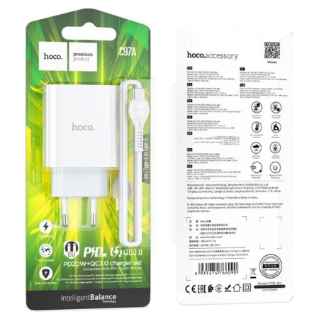 Network charger Hoco C97A, USB, Type-C, 20 W, Type-C-Type-C, 1 m, white-7