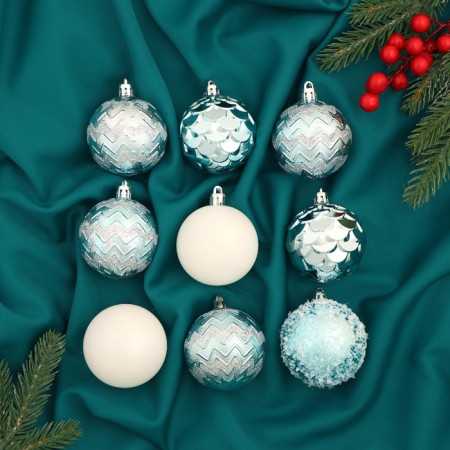 Set of balls plastic D-6 cm, 9 pcs "Renna" white green