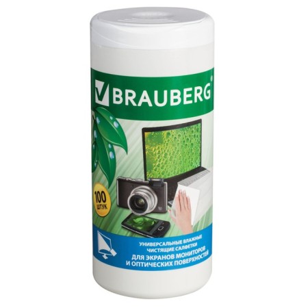 Brauberg cleaning napkins for monitors and optical surfaces, wet, in a tube 100 pieces