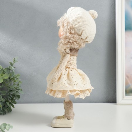 Interior doll "Baby in beret, in a beige outfit, with a flower" 36.5x13x17 cm-5