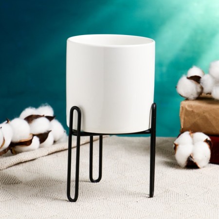 Kashpo "cylinder" white, on a black stand, 14x10x10cm-1