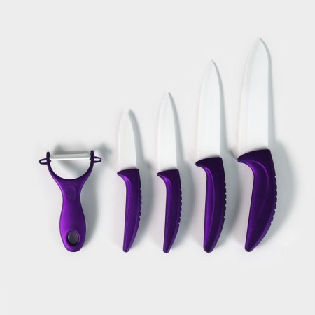 Kitchen “bend” kit, 5 objects: knives 7.5 cm, 10 cm, 13 cm, 15 cm, vegetable cleaning, on the stand, purple color-2