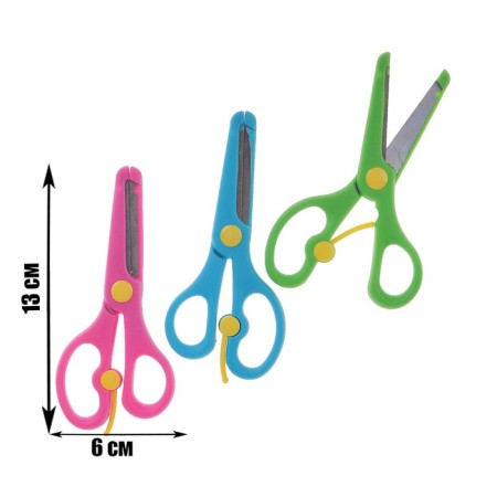 Plastic scissors 13 cm, latch, with metal blades and rounded ends, safe, mix-7