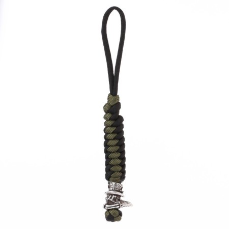 A keychain is a label for a “plague doctor” knife from a paracord, black and green-1