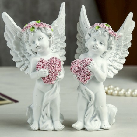Souvenir Polystone "Angel in a pink wreath with a heart from roses" MIX 15x7.8x5.5 cm-4