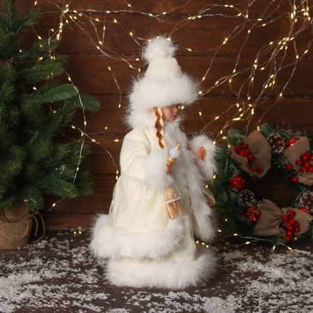 Snow Maiden "in a fluffy fur coat, with a flashlight" moves, with a backlight, 40x20 cm, milk-1