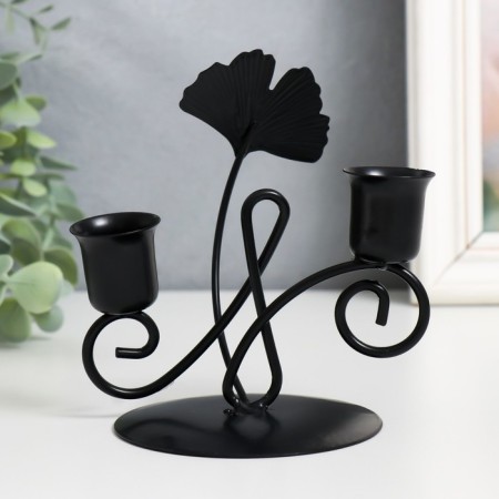 Summary Metal for 2 candles "Sheet ginkgo and curl" D-2.5 cm black 11.8x9x13 cm-1
