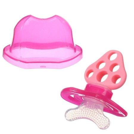 Silicone teether "for the front teeth", pink, with a cap, crumb I-3