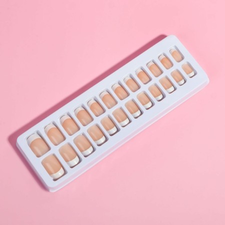 Falbled nails, 24 pcs, with glue plates, soft square shape, beige/white color-5