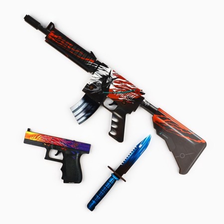 Wooden weapons, children's souvenir "necromancy", machine gun, gun, knife-stamp, set 3 pcs