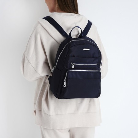 A backpack with a zipper, 5 outer pockets, pencil case, blue color-9