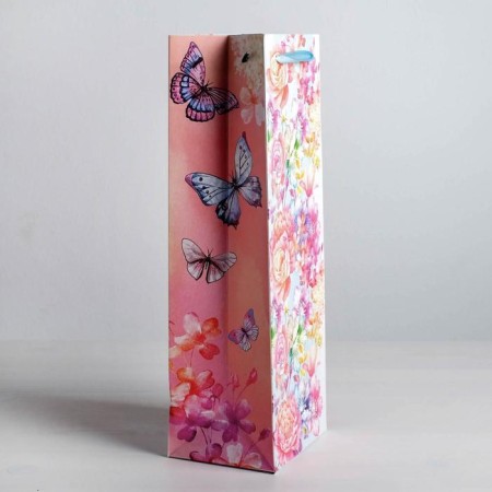 Package Gift Laminated for a bottle, packaging, "flowers and butterflies", 13 x 36 x 10 cm-2