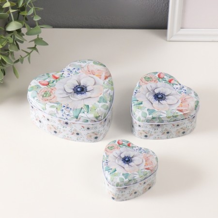 Casket Metal Heart "Flowers" set 3 pcs 10.5x12x5 cm