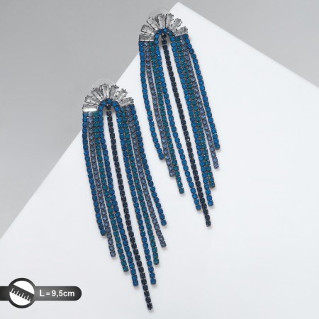 Hanging earrings with rhinestones "Waterfall" fan, blue color in gray metal, 9.5 cm
