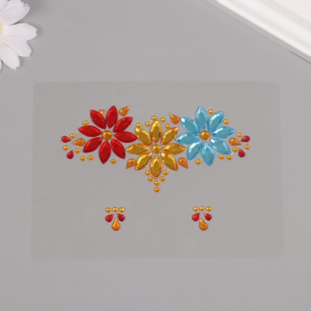 Sticker of rhinestones plastic on the face "Three Flowers" bright colors 14.5x16 cm-1