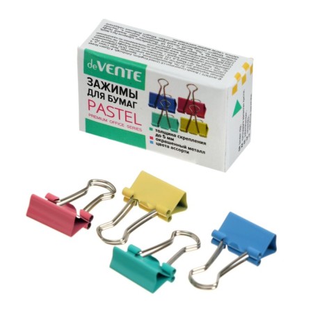 Paper clamps 15 mm, 12 pieces, Devente, metal, mix x 4 colors, cardboard box
