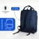 A backpack of textiles with a zipper, 3 pockets, a laptop, blue color