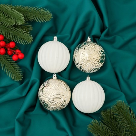 Set of balls plastic D-8 cm, 4 pcs "Aviva" leaves, white gold