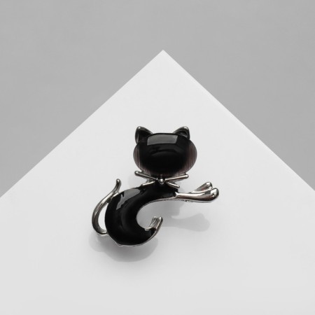 Brooch "cat" with a bow, black color in silver
