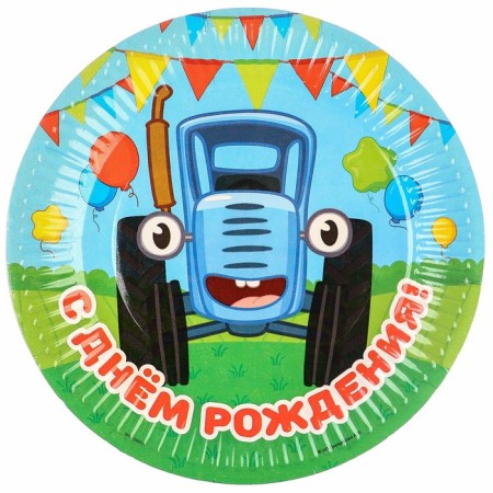 A set of paper utensils, on 6 people "Happy Birthday!", Blue Tractor-3
