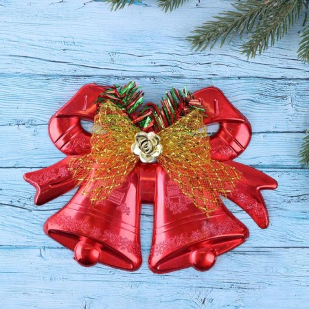 Decoration New Year's "double bell" with a rose and a bow, 19x14 cm, red